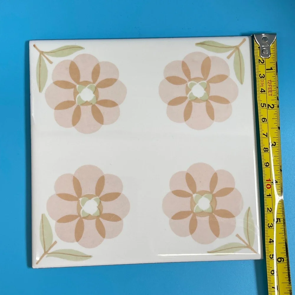 Vintage Floral Ceramic Tile Trivet Peach Green Retro 6x6 Boho 70s‎ Mod Retro